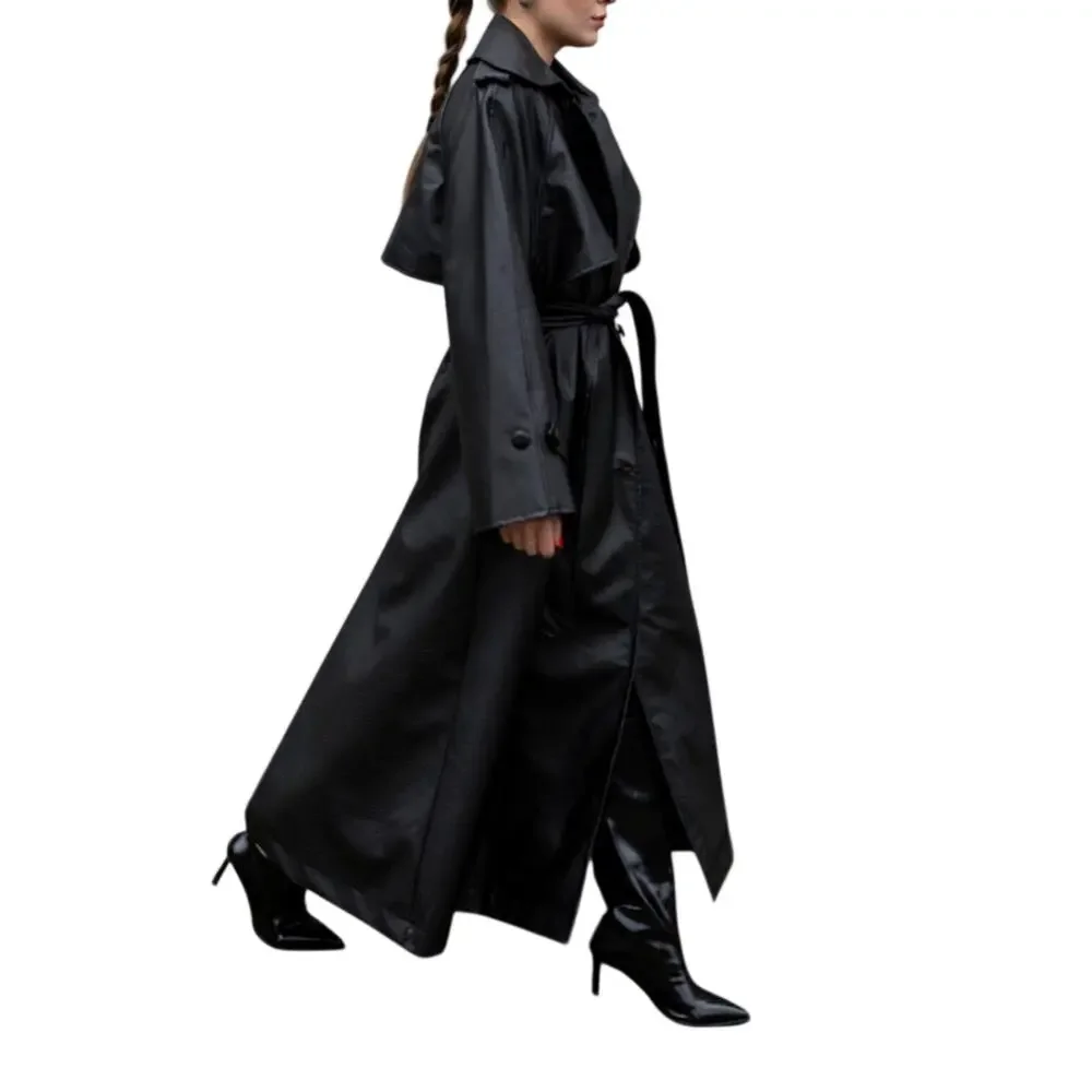 Black Faux Leather Trench Coat Women Long Belted Classic Jacket Stylish - Picture 6 of 12